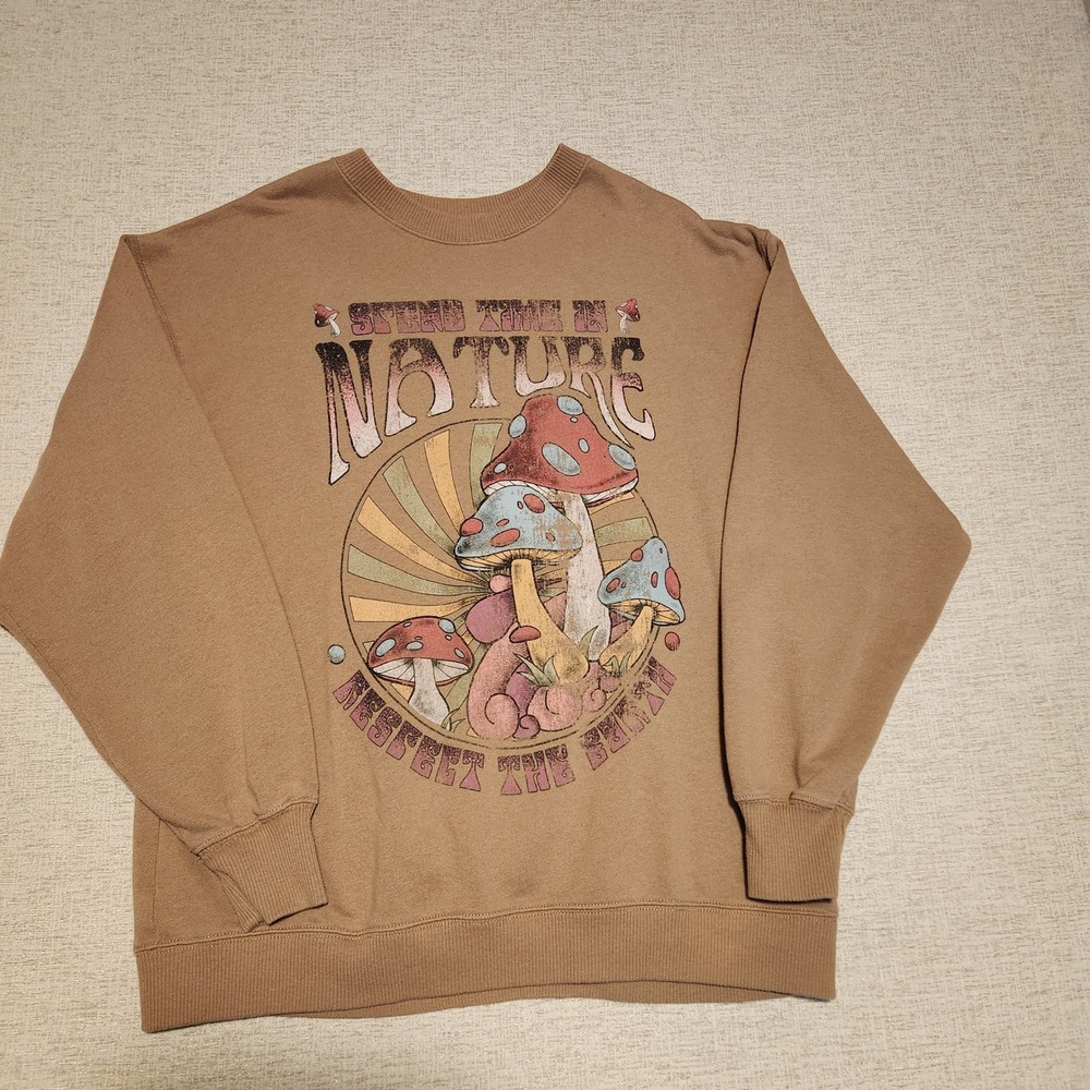 Hollister Graphic Sweatshirt Womens Small Tan Mushroom Nature Respect The Earth